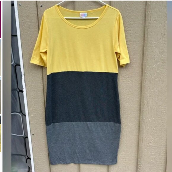 LulaRoe Colorblock Grey/Yellow Bodycon Dress size Large - Picture 11 of 12